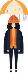 Person standing under a yellow umbrella with a hat and scarf on a rainy day in a minimalist style illustration