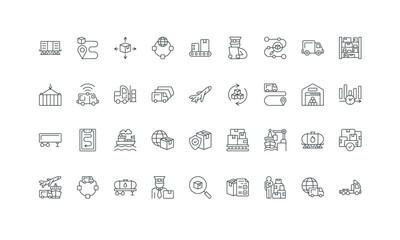 Logistics of supplier, clearance, freight transport thin black symbols vector illustration. International supply chain, export and import, delivery planning, warehouse storage line icon set.
