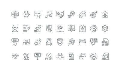 Pay per click, promo news in blog, billboard and poster thin black outline symbols vector illustration. Ads, advertising campaign of brand and digital marketing agency, sponsors line icon set.