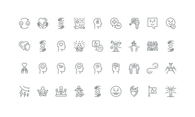 Strength of superhero, harmony and love thoughts, celebration thin black outline symbols vector illustration. Positive thinking and attitude, good mood and smile for better life line icon set.