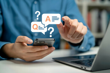 A person uses a smartphone to ask questions and receive answers online showcasing mobile Q A technology user interaction and digital communication