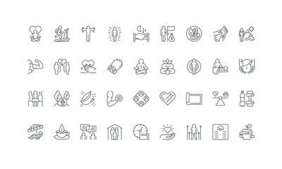 Healthy nutrition and diet for weight control, yoga, spa massage thin black symbols vector illustration. Wellbeing, personal mental and physical health care, peace and meditation line icon set.
