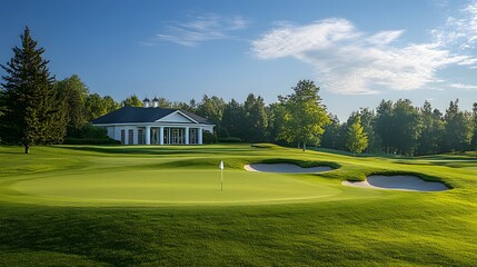 Obraz premium lush green golf club scene with white clubhouse