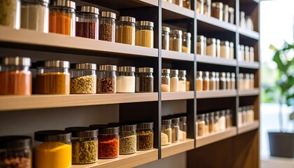 Obraz premium Organized spice jars on shelves.
