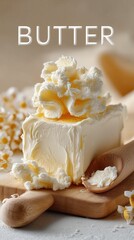 Creamy Block of Butter on Wooden Board with Spoon – Dairy Food Close-Up in Rustic Kitchen Style