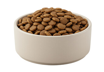 A bowl filled with pet food, showcasing the texture and color against a plain background