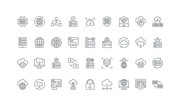 File and backup download, storage system thin black outline symbols vector illustration. Web hosting, maintenance service for server infrastructure and database, data security line icon set.