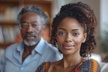 A portrait of a confident couple in a cozy living space, showcasing warmth and connection, reflecting a harmonious relationship and the beauty of diverse backgrounds.