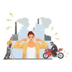 Woman covering ears due to noise pollution from factory, jackhammer, and motorcycle on white background. Concept of urban noise pollution. Vector illustration