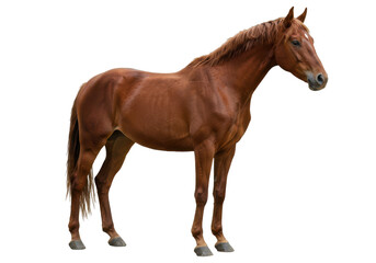 Obraz premium Majestic brown horse standing gracefully in a lush green pasture under a clear sky