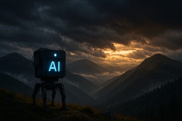 An AI-powered station with cables and a glowing sign stands in a remote mountain valley at sunset,...