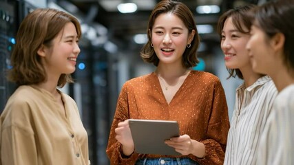 Team of Asian Businesswomen Collaborating with Digital Tablets in a Server Room, Analyzing Statistics - Powered by Adobe