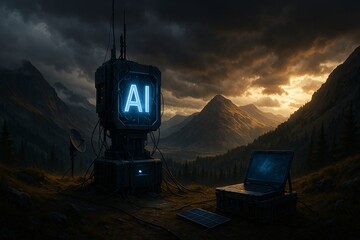 An AI-powered station with cables and a glowing sign stands in a remote mountain valley at sunset, blending advanced technology with wild nature.