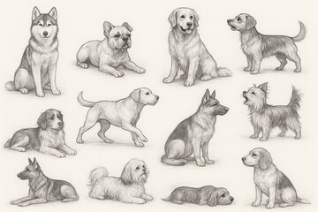 Fototapeta premium An isolated group of cute domestic purebred dogs and puppies on a white background