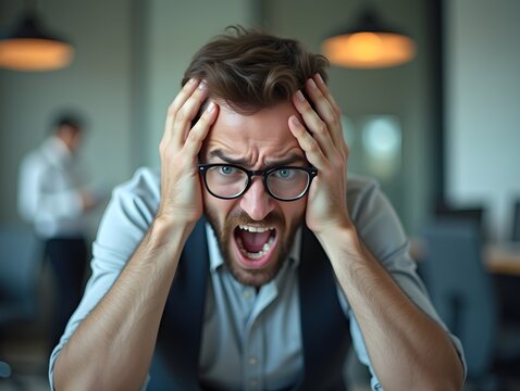 Man with black rimmed glasses clutching his head and screaming in stress or panic in an office.