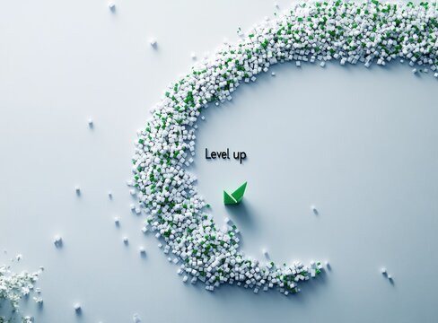 Abstract graphic, white and green spheres, "Level Up" text