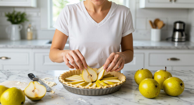 Smiling woman arranging Anjou pear slices into pie crust on marble countertop  