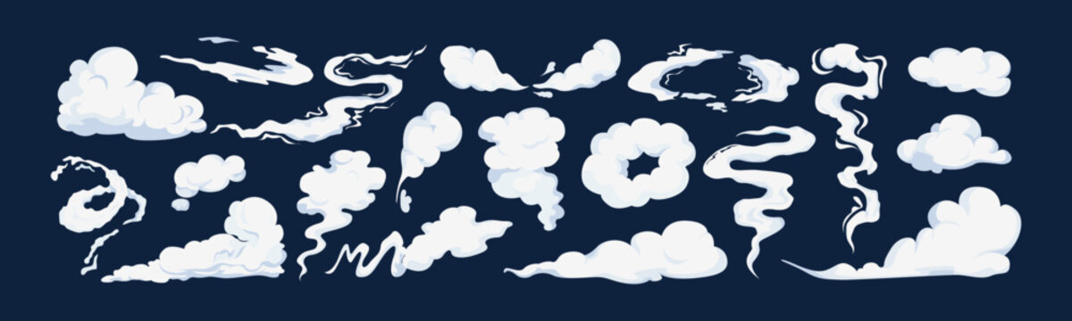 Collection of cartoon smoke and cloud shapes in different forms and curls, flat graphic style, on dark blue background. Concept of weather, vapor. Vector illustration