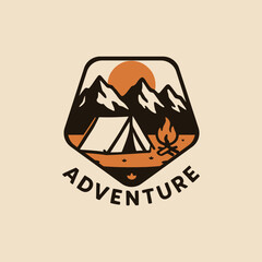 Bold and clean logo featuring the word ADVENTURE combined with minimalist silhouette of mountains, a camping tent, and a campfire in hexagon frame suit for outdoor brands and travel gear