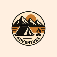 A bold and clean adventure logo featuring the word ADVENTURE combined with minimalist silhouette of mountains, a camping tent, and a campfire. Perfect for outdoor brands, travel gear, camping business