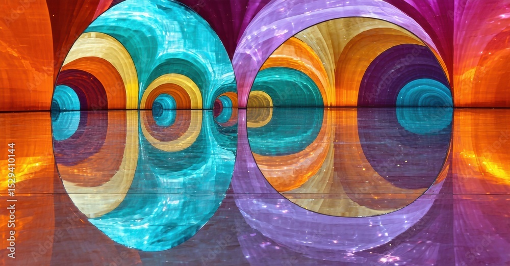 Poster abstract fractal art. vivid colors blend, creating symmetrical patterns. circular shapes dominate co
