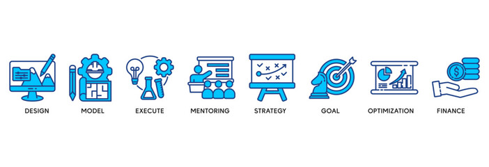 BPM web icon vector illustration concept of business process management with icon of design, model, execute, mentoring, strategy, goal, optimization, finance