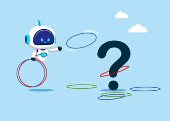 Robot plays throwing ring game. Decide precision challenge test. Question mark  to search for curiosity explore unknown, new business opportunity, success concept. Flat vector illustration