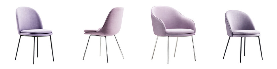 A collection of contemporary minimalist chairs in soft purple tones