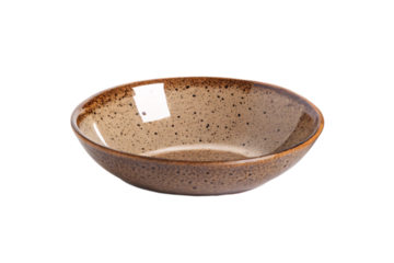 Brown speckled ceramic shallow bowl with rustic earthenware finish and natural pottery texture, isolated on a transparent background