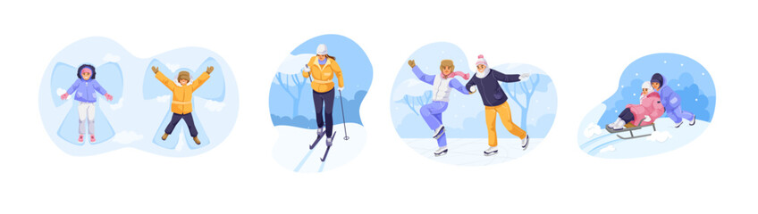 Group of people enjoying winter activities like snow angels, skiing, skating, and sledding, cartoon style on snowy outdoor background. Vector illustration