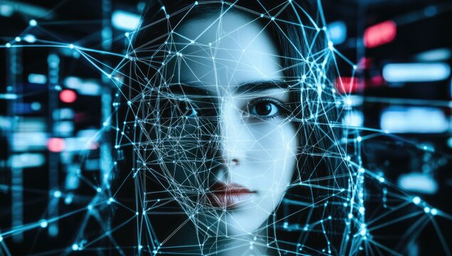 Woman's face overlaid with digital network, futuristic, abstract - Powered by Adobe