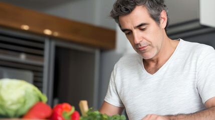 A mature man focused on preparing a vibrant salad in a modern kitchen, showcasing fresh, colorful vegetables.