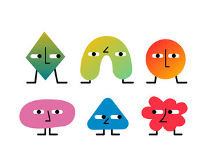 Set of cartoon characters in different geometric shapes. Emotions of fantasy creatures. Flat isolated vector illustrations on white background.