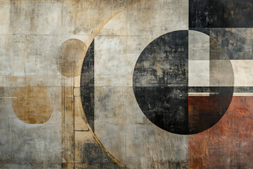 Obraz premium Abstract geometric art piece displaying textured circles and squares with neutral earth tones