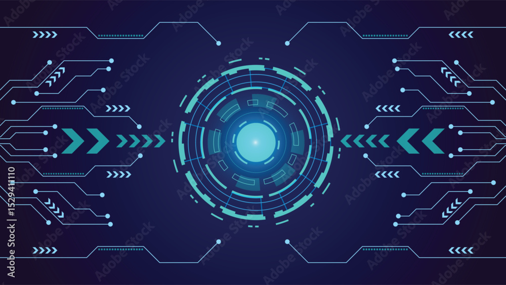Wall mural high tech background featuring a glowing circular interface and circuit lines on dark blue, ideal fo