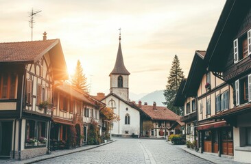 Quaint European village street at sunrise, with a church steeple prominent in the center