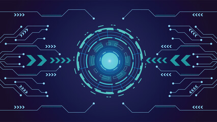 High tech background featuring a glowing circular interface and circuit lines on dark blue, ideal for digital, data, AI, or cyber themes in presentations and tech projects