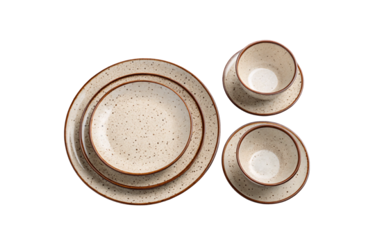 Brown speckled ceramic place setting with nested plates, bowls, and matching coffee cups, isolated on a transparent background