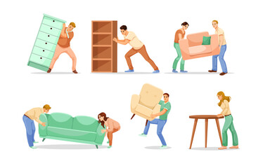 Group of men and women carrying different furniture items in cartoon style on white background. Concept of teamwork and moving. Vector illustration