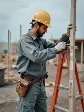 Worker with Ladder Preparing for Construction Work
