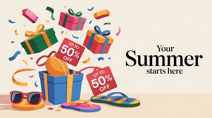 Summer sale with up to 50% off on gifts, sunglasses, and flip-flops.