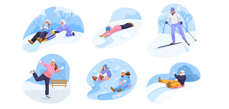 Set of people doing winter activities like sledding, skiing, skating in snowy landscapes, cartoon style on white background. Concept of winter fun. Vector illustration