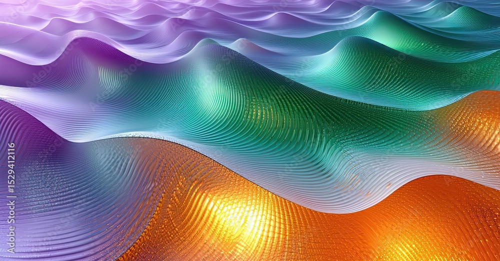 Aufkleber Abstract waves, vibrant colors blend. Smooth textures create flowing landscape. Digital art, mesmerizing patterns dominate composition.