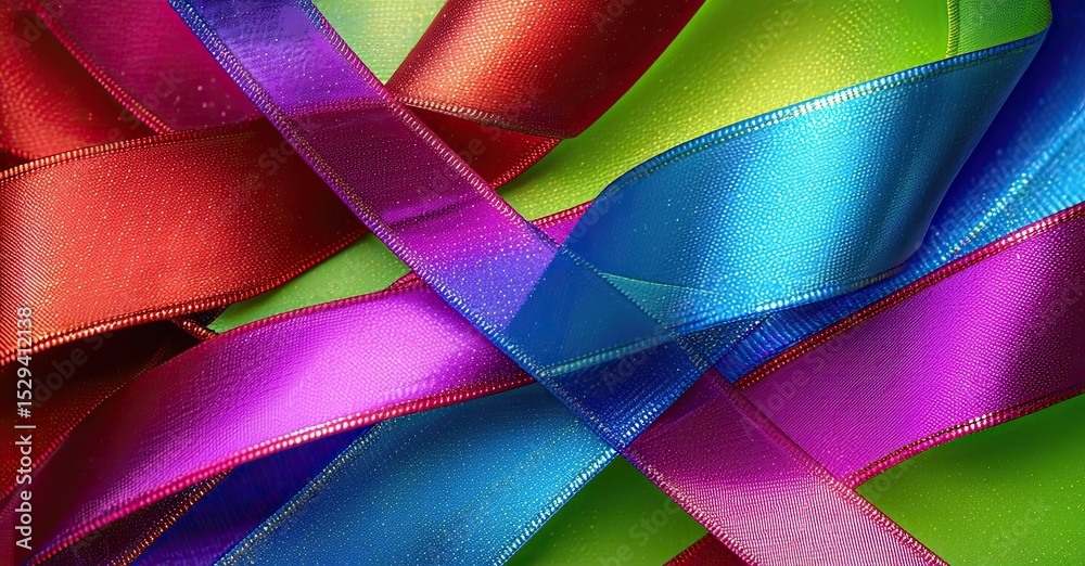 Poster Colorful ribbons intersect, creating vibrant texture. Bright hues overlap, forming abstract patterns. Smooth satin material dominates composition.