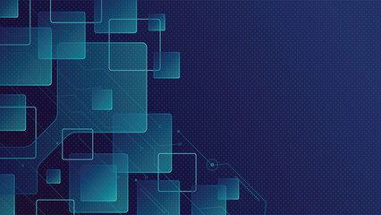 Futuristic tech background featuring glowing transparent squares and digital circuit lines over a dark grid, ideal for innovation, data, or digital technology themes