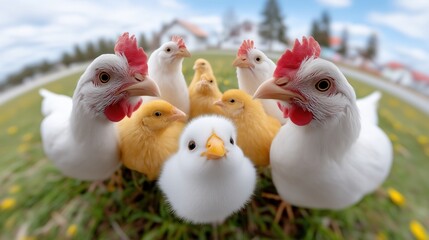 Adorable Fluffy Chick Surrounded by Curious Chickens on a Sunny Farm Day