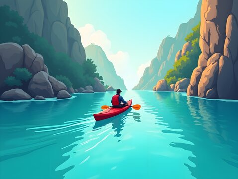 Red kayak with paddler navigating calm turquoise water between rocky cliffs flat design illustration