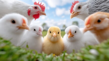 Adorable Fluffy Chick Surrounded by Curious Chickens on a Sunny Farm Day