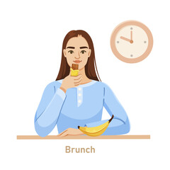 Young woman in blue eating chocolate with a banana on the table, clock in background. Concept of brunch and healthy snacking. Vector illustration