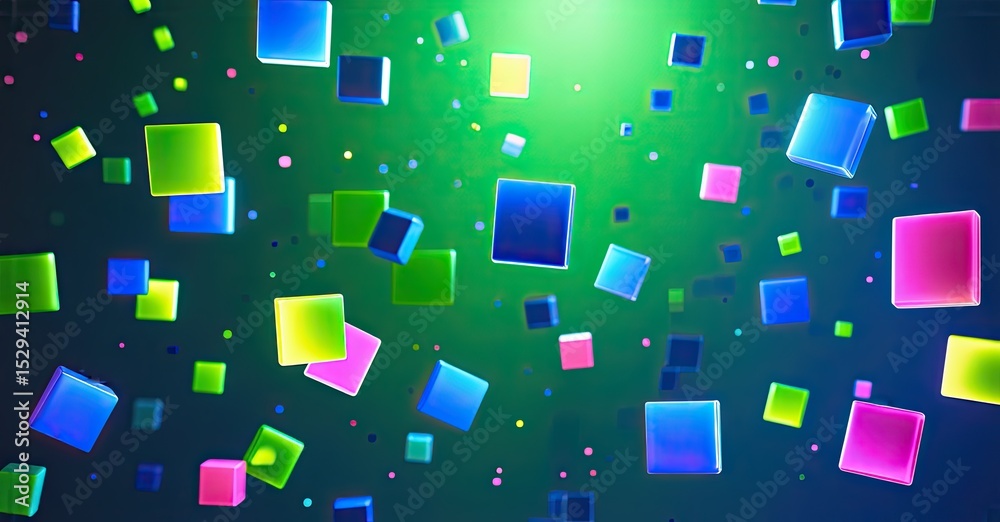 Poster Vibrant cubes float within green space. Colors include blue, pink, yellow, creating dynamic visual effect. Brightness varies across composition.